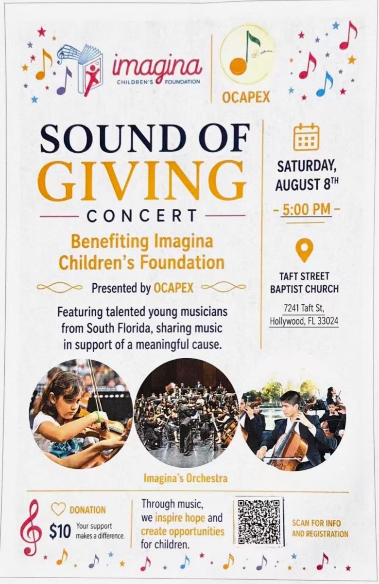 Sound of Giving Concert flyer &mdash; Saturday, August 8th at 5:00 PM, Taft Street Baptist Church, benefiting Imagina Children's Foundation